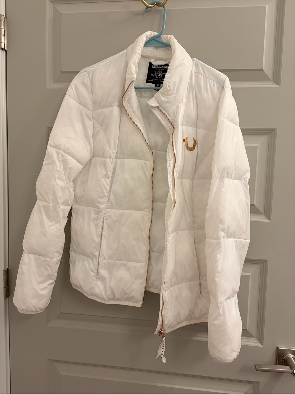 True Religion White Quilted Down-Style Puffer Jacket with Gold Accents